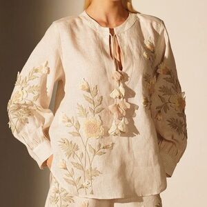 Ranna Gill Long Sleeve Elegant Amy Blouse Floral Embroidery Sand Striped Linen